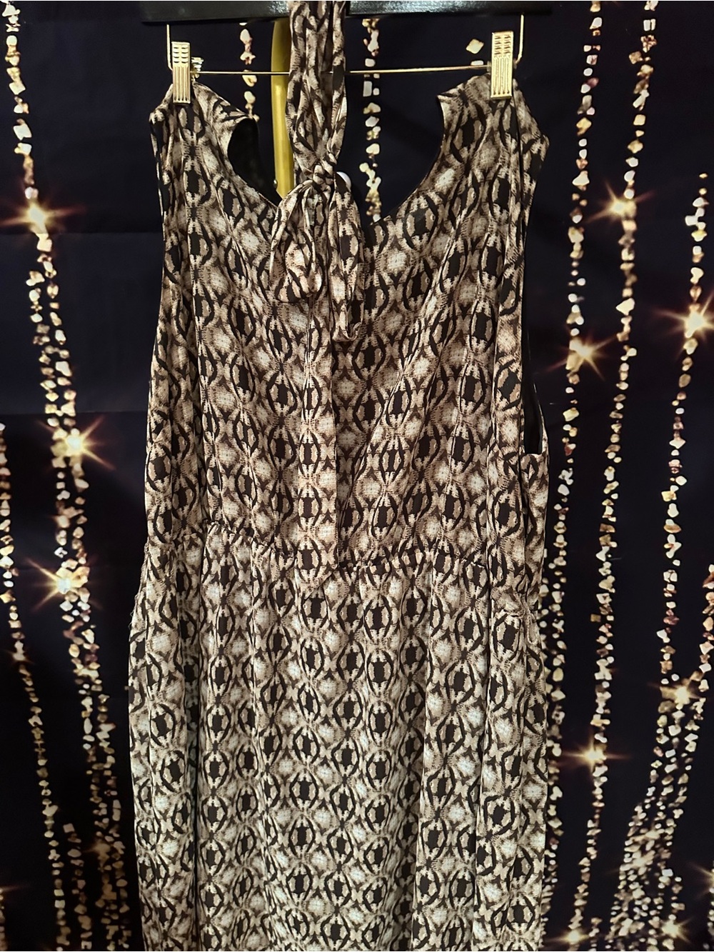 Sleeveless Patterned Tie-Neck Women's dress- Black & Cream